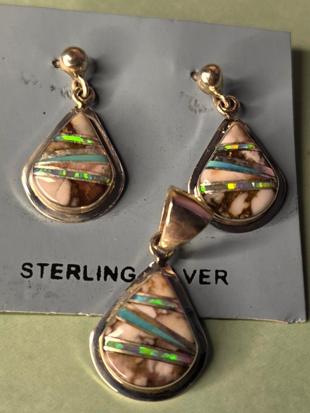 CM Sterling Silver Jasper Inlay Opal Teardrop Jewelry Set Pendant